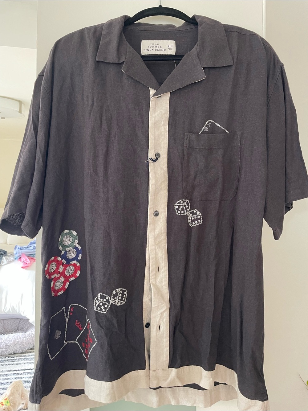Abercrombie & Fitch Linen Black Short-Sleeve Button Shirt with Embroidery